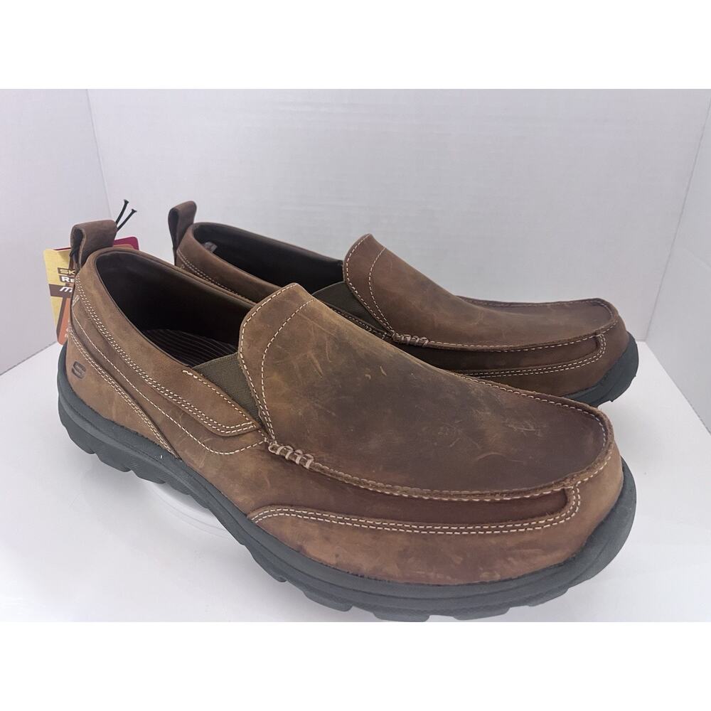 Skechers Mens 12 Brown Leather Loafers Memory Foam Wide SN63697EW